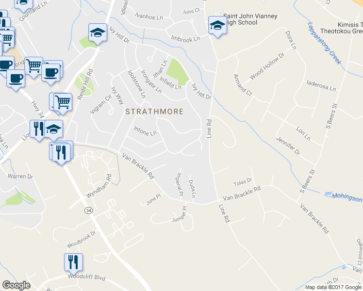 map of restaurants, bars, coffee shops, grocery stores, and more near 93 Idlebrook Lane in Matawan