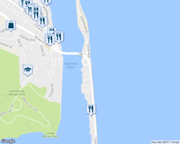 map of restaurants, bars, coffee shops, grocery stores, and more near 6 Mountainview Avenue in Rumson