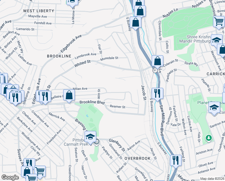 map of restaurants, bars, coffee shops, grocery stores, and more near 1551 Bellaire Place in Pittsburgh