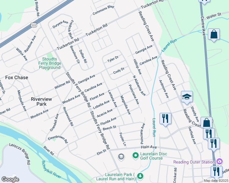 map of restaurants, bars, coffee shops, grocery stores, and more near 601 Lobelia Avenue in Reading