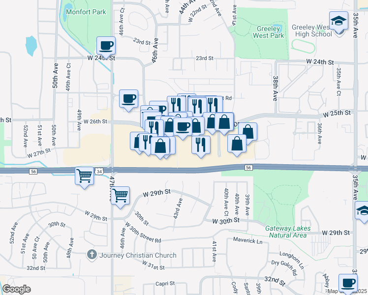map of restaurants, bars, coffee shops, grocery stores, and more near 4400 Centerplace Drive in Greeley