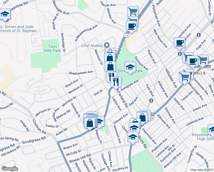 map of restaurants, bars, coffee shops, grocery stores, and more near 110 Newburn Drive in Pittsburgh