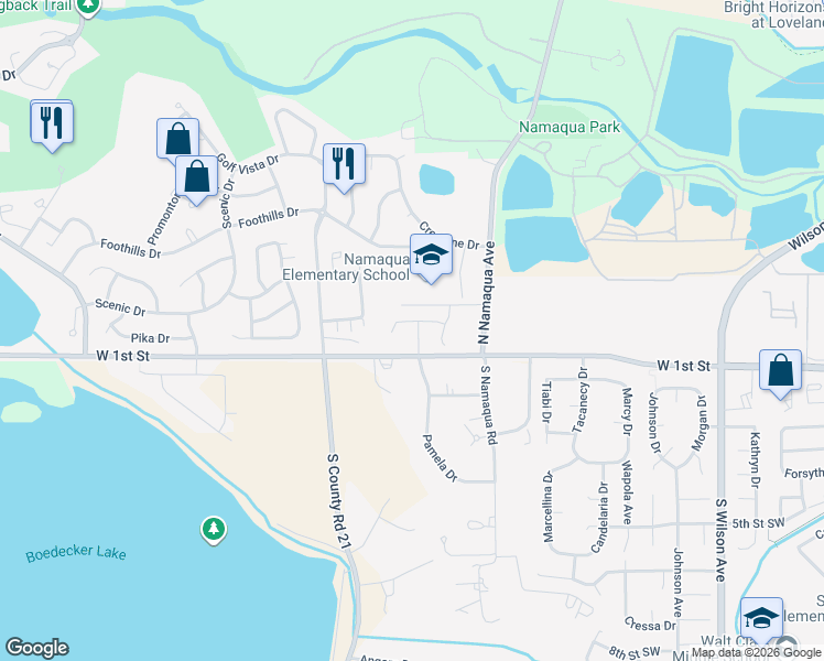 map of restaurants, bars, coffee shops, grocery stores, and more near 130 Pamela Drive in Loveland