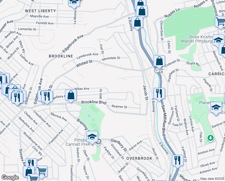 map of restaurants, bars, coffee shops, grocery stores, and more near 1551 Bellaire Place in Pittsburgh