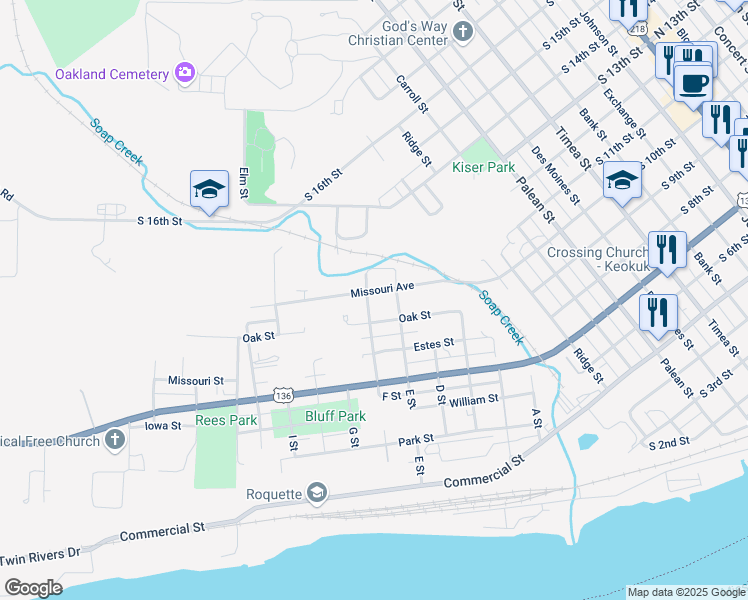 map of restaurants, bars, coffee shops, grocery stores, and more near 1408 Oak Street in Keokuk