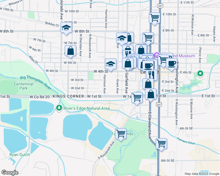 map of restaurants, bars, coffee shops, grocery stores, and more near 370 West 4th Street in Loveland
