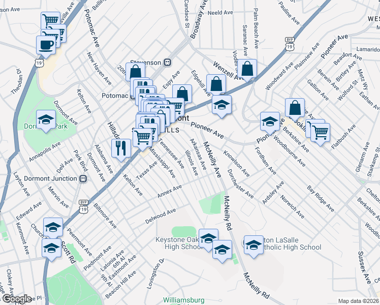 map of restaurants, bars, coffee shops, grocery stores, and more near 1245 Arkansas Avenue in Pittsburgh