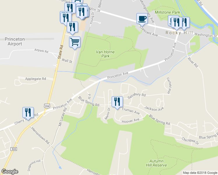 map of restaurants, bars, coffee shops, grocery stores, and more near 403 Marten Road in Princeton