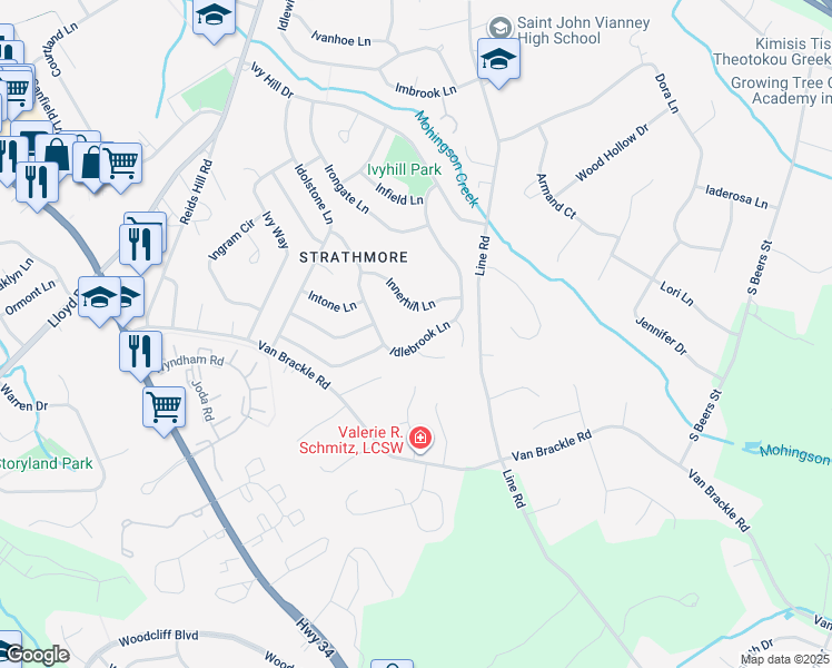 map of restaurants, bars, coffee shops, grocery stores, and more near 93 Idlebrook Lane in Matawan