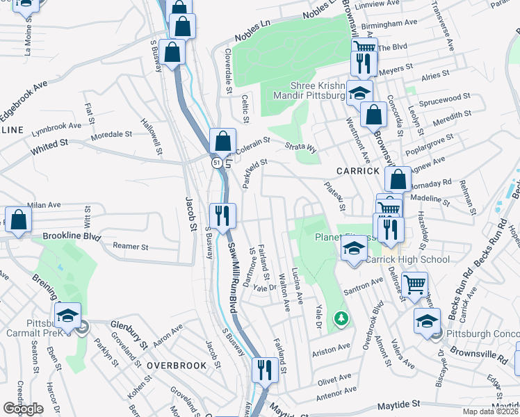map of restaurants, bars, coffee shops, grocery stores, and more near 1943 Fairland Street in Pittsburgh