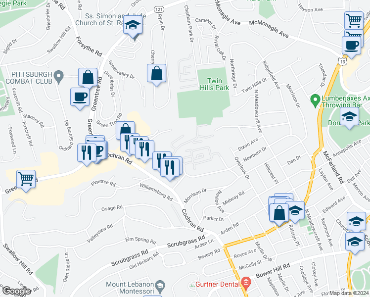 map of restaurants, bars, coffee shops, grocery stores, and more near 1070 Chatham Park Drive in Pittsburgh