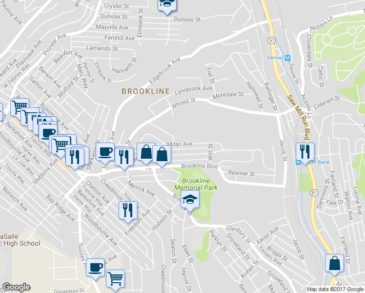 map of restaurants, bars, coffee shops, grocery stores, and more near 1418 Milan Avenue in Pittsburgh