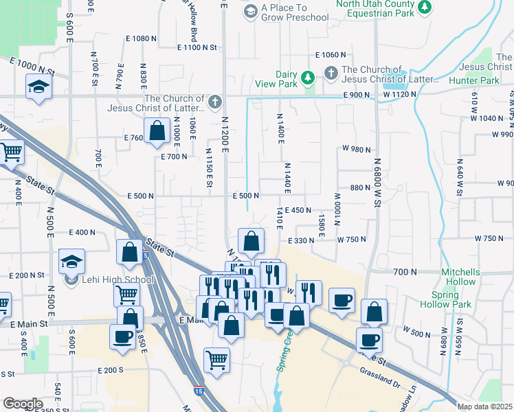 map of restaurants, bars, coffee shops, grocery stores, and more near 483 North 1330 East in Lehi
