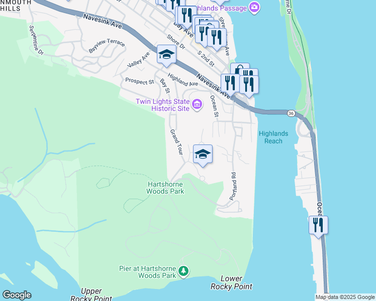 map of restaurants, bars, coffee shops, grocery stores, and more near 4A Hilltop Terrace in Highlands