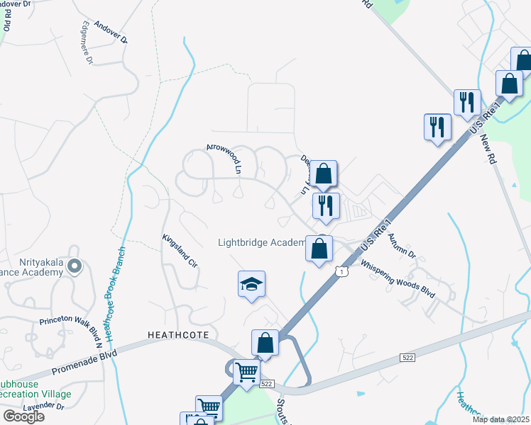 map of restaurants, bars, coffee shops, grocery stores, and more near 8 Aspen Court in South Brunswick Township