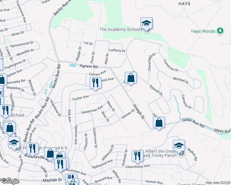 map of restaurants, bars, coffee shops, grocery stores, and more near 2824 Troit Avenue in Pittsburgh