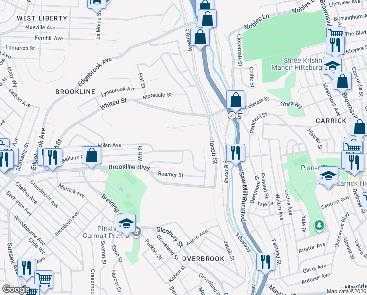 map of restaurants, bars, coffee shops, grocery stores, and more near 1595 Bellaire Place in Pittsburgh