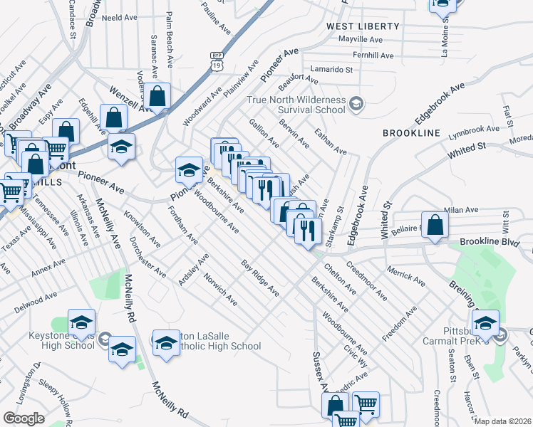 map of restaurants, bars, coffee shops, grocery stores, and more near 738 Brookline Boulevard in Pittsburgh