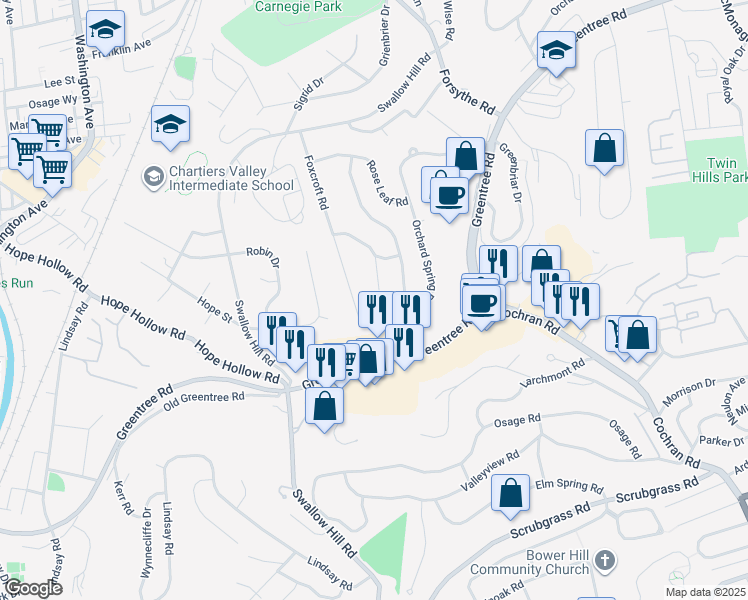 map of restaurants, bars, coffee shops, grocery stores, and more near 85 Stancey Road in Pittsburgh