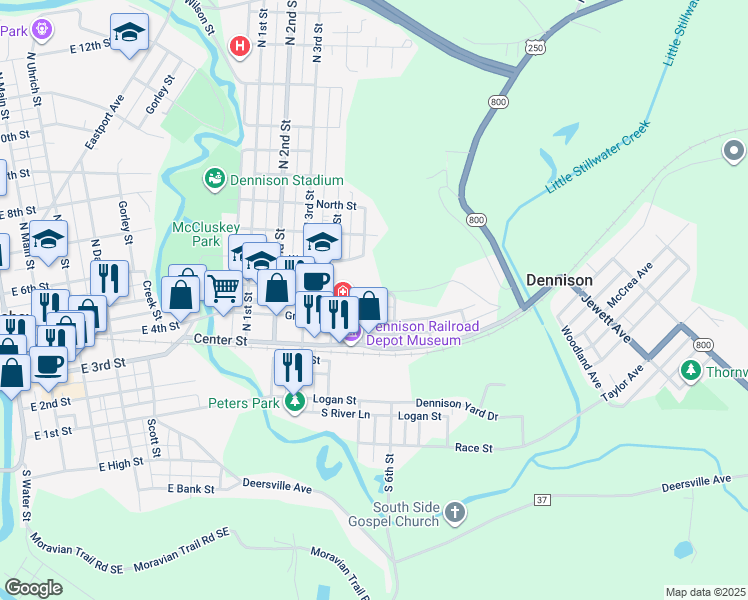 map of restaurants, bars, coffee shops, grocery stores, and more near 425 Grant Street in Dennison