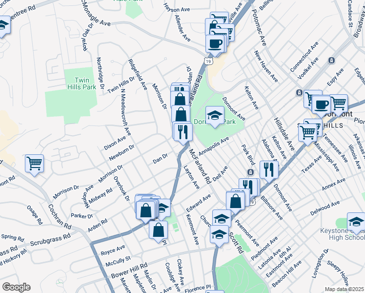 map of restaurants, bars, coffee shops, grocery stores, and more near 110 Beverly Road in Allegheny County
