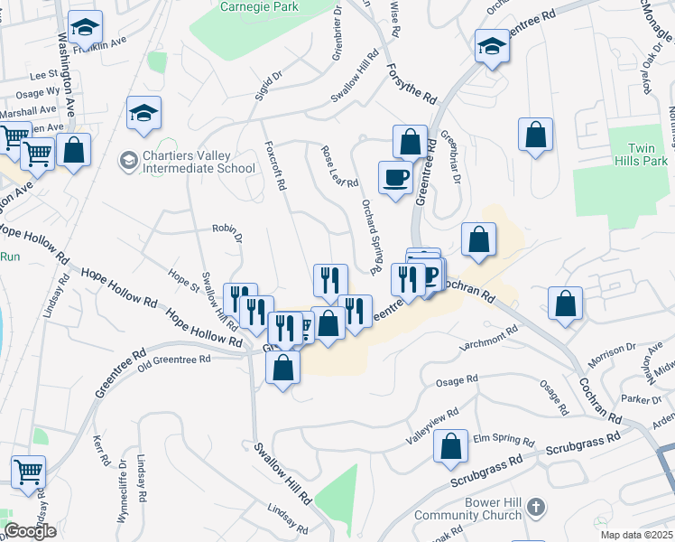 map of restaurants, bars, coffee shops, grocery stores, and more near 85 Stancey Rd in Pittsburgh