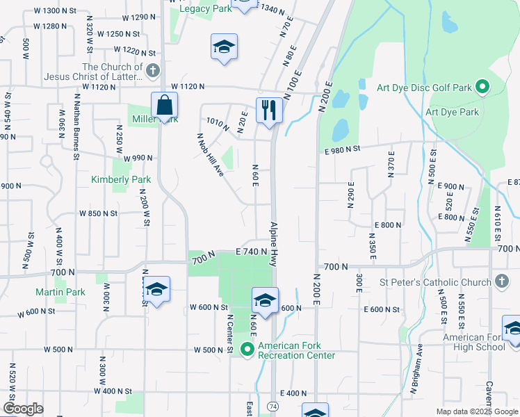 map of restaurants, bars, coffee shops, grocery stores, and more near 846 North 60 East in American Fork