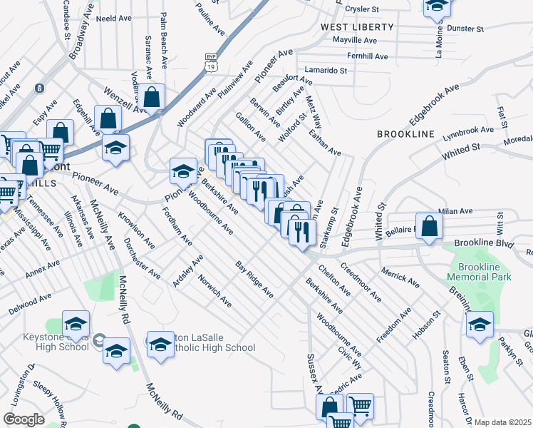 map of restaurants, bars, coffee shops, grocery stores, and more near Brookline Boulevard & Flatbush Avenue in Pittsburgh