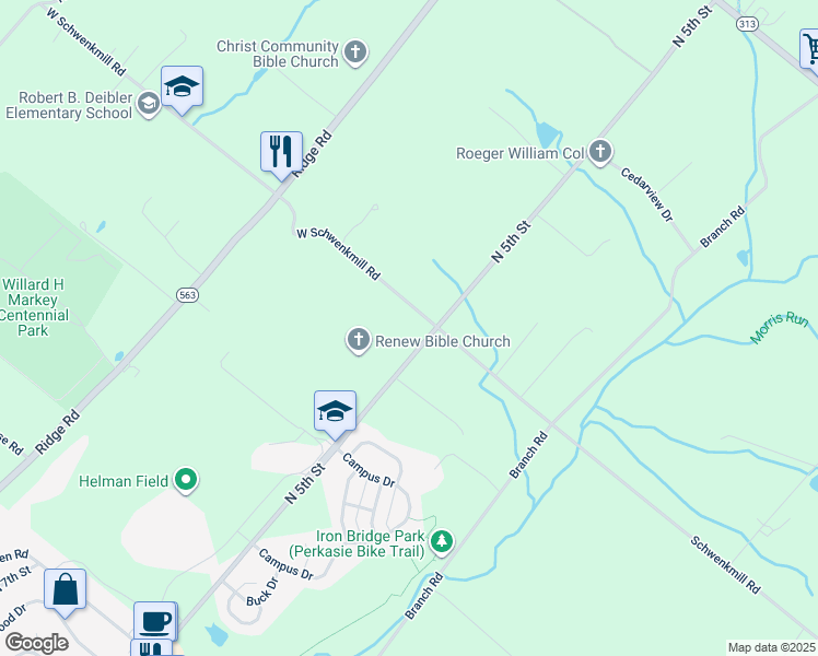map of restaurants, bars, coffee shops, grocery stores, and more near 512 West Schwenkmill Road in Perkasie