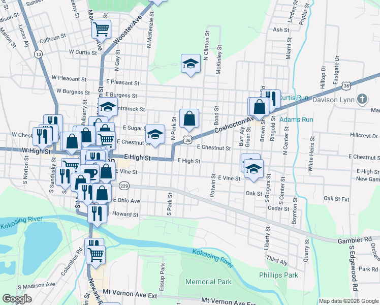 map of restaurants, bars, coffee shops, grocery stores, and more near 501 East High Street in Mount Vernon