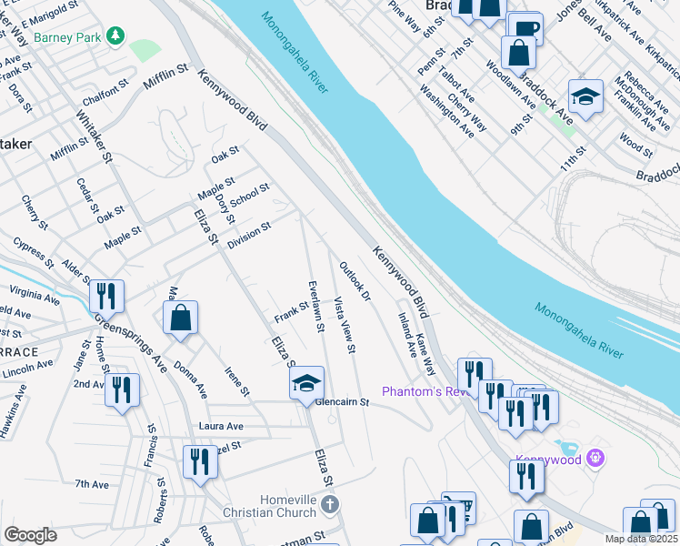 map of restaurants, bars, coffee shops, grocery stores, and more near 3821 Vista View Street in West Mifflin