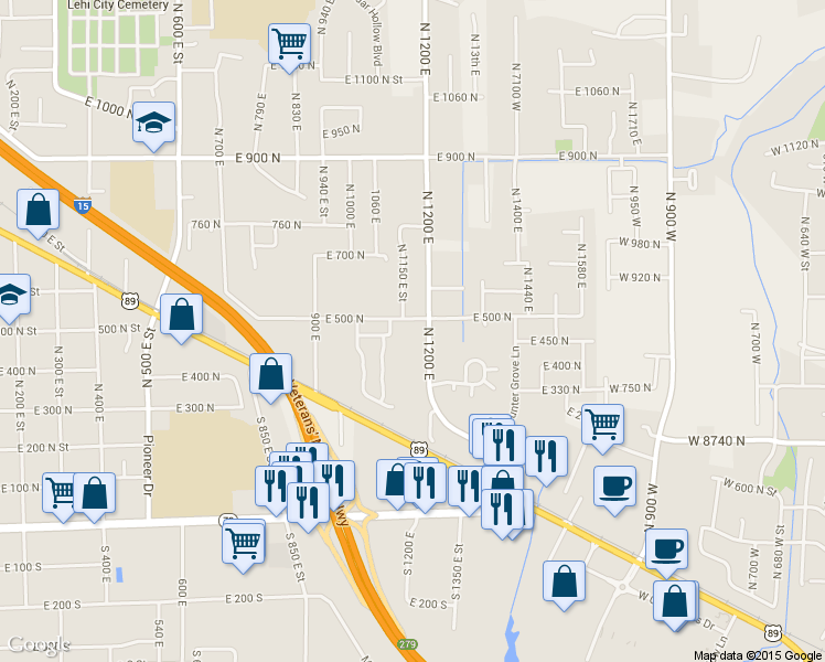 map of restaurants, bars, coffee shops, grocery stores, and more near 1188 E 500 N in Lehi