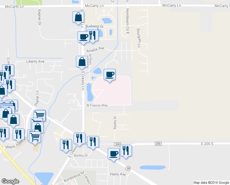 map of restaurants, bars, coffee shops, grocery stores, and more near 1701 South Creasy Lane in Lafayette