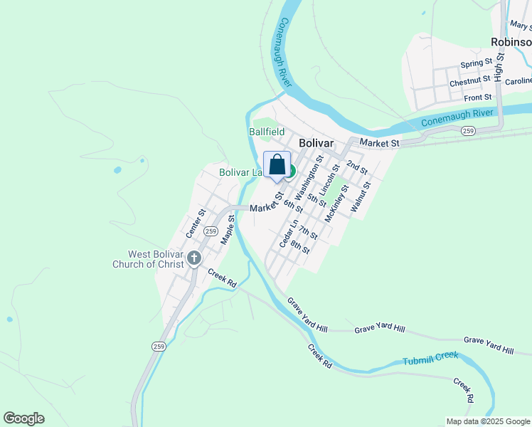 map of restaurants, bars, coffee shops, grocery stores, and more near 541 Market Street in Bolivar