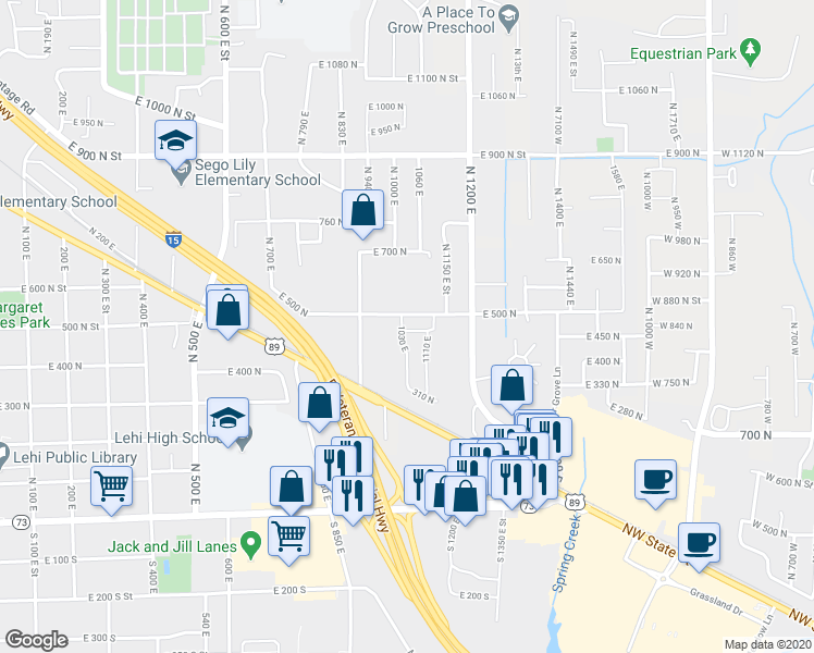 map of restaurants, bars, coffee shops, grocery stores, and more near 1045 470 North in Lehi