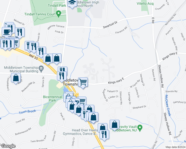 map of restaurants, bars, coffee shops, grocery stores, and more near 108 Knollwood Drive in Monmouth County