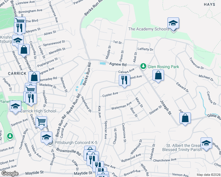map of restaurants, bars, coffee shops, grocery stores, and more near 2717 Custer Avenue in Pittsburgh