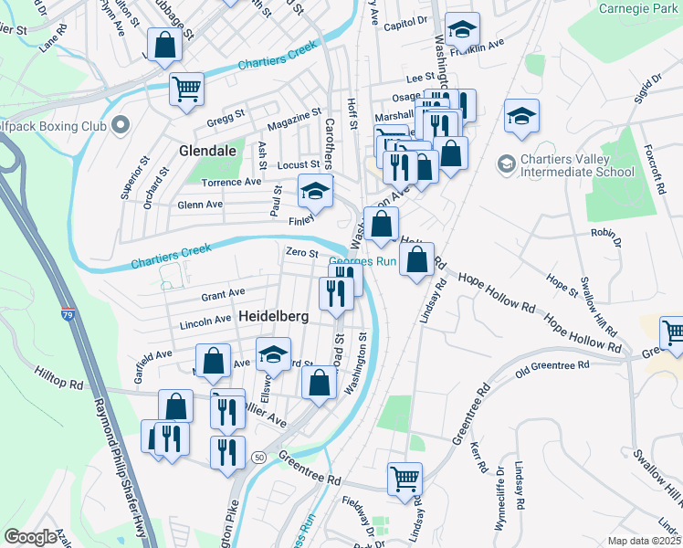 map of restaurants, bars, coffee shops, grocery stores, and more near 1600 West Railroad Street in Carnegie