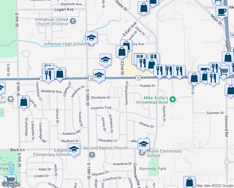 map of restaurants, bars, coffee shops, grocery stores, and more near in Lafayette