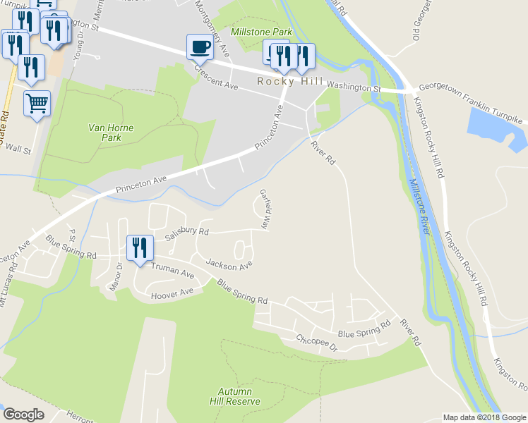map of restaurants, bars, coffee shops, grocery stores, and more near 28 Garfield Way in Princeton