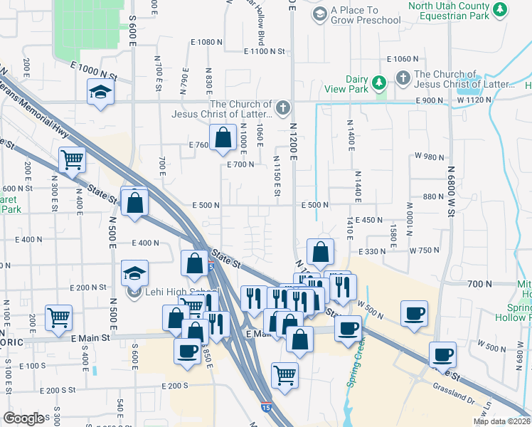 map of restaurants, bars, coffee shops, grocery stores, and more near 1085 470 North in Lehi