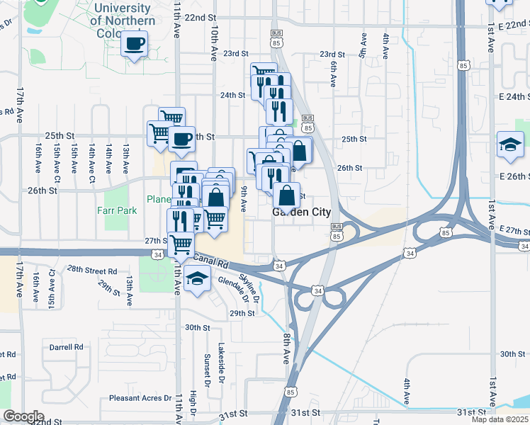 map of restaurants, bars, coffee shops, grocery stores, and more near 2750 8th Avenue in Garden City