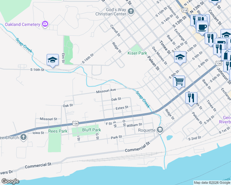map of restaurants, bars, coffee shops, grocery stores, and more near 1306 Oak St in Keokuk