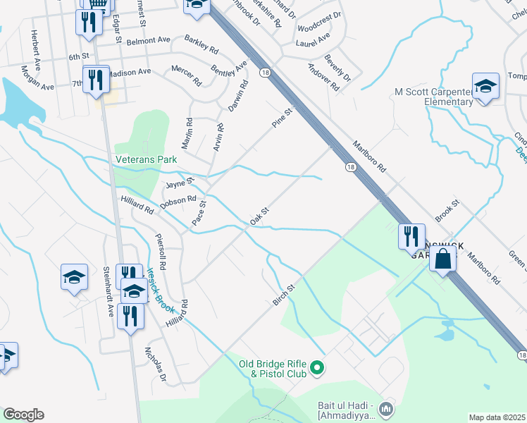 map of restaurants, bars, coffee shops, grocery stores, and more near 64 Oak Street in Old Bridge Township