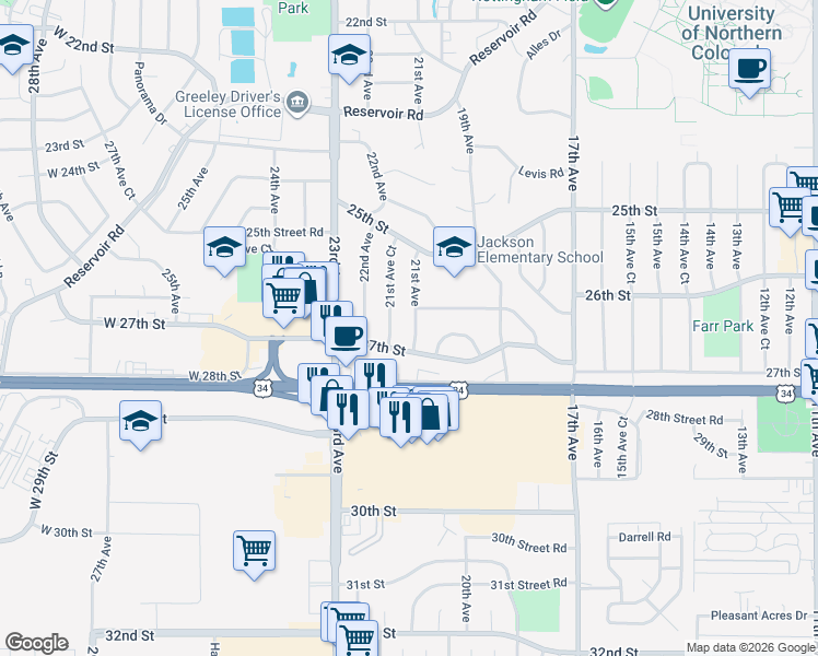 map of restaurants, bars, coffee shops, grocery stores, and more near 2644 21st Avenue Court in Greeley