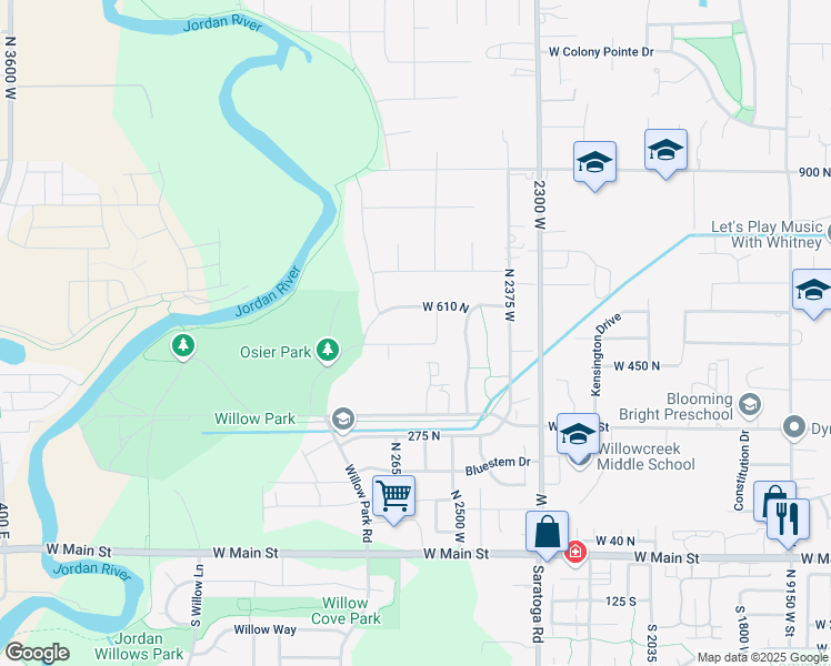 map of restaurants, bars, coffee shops, grocery stores, and more near 2557 West Osier Avenue in Lehi