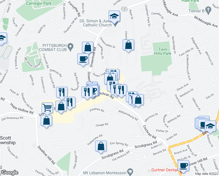map of restaurants, bars, coffee shops, grocery stores, and more near 1910 Cochran Road in Pittsburgh