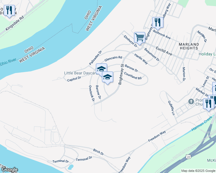 map of restaurants, bars, coffee shops, grocery stores, and more near 4025 Brightway Street in Weirton
