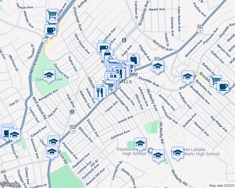 map of restaurants, bars, coffee shops, grocery stores, and more near 1300 Mississippi Avenue in Pittsburgh