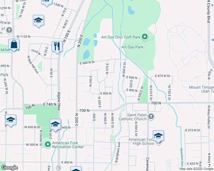 map of restaurants, bars, coffee shops, grocery stores, and more near 369 East 840 North Street in American Fork